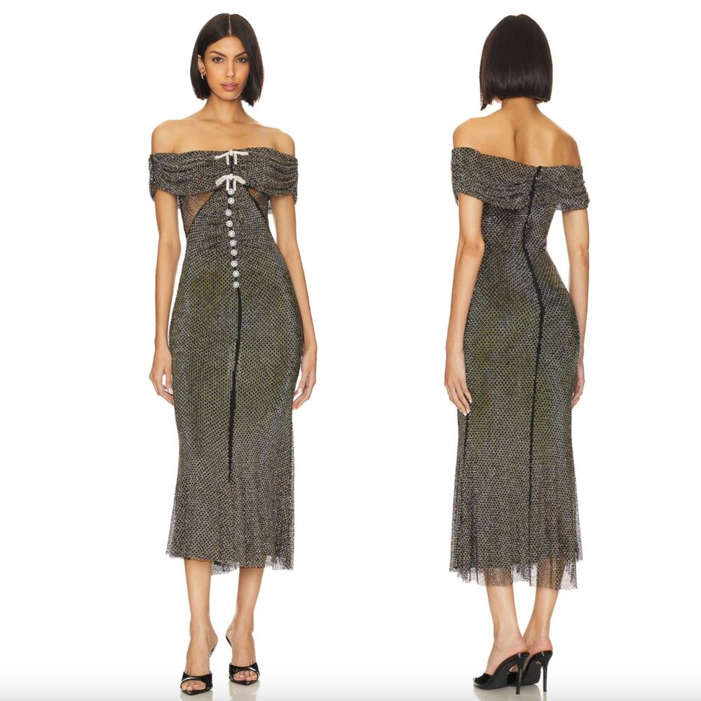 NEW self-portrait Diamante Midi Dress Black Silver Bow Diamond Off Cold Shoulder